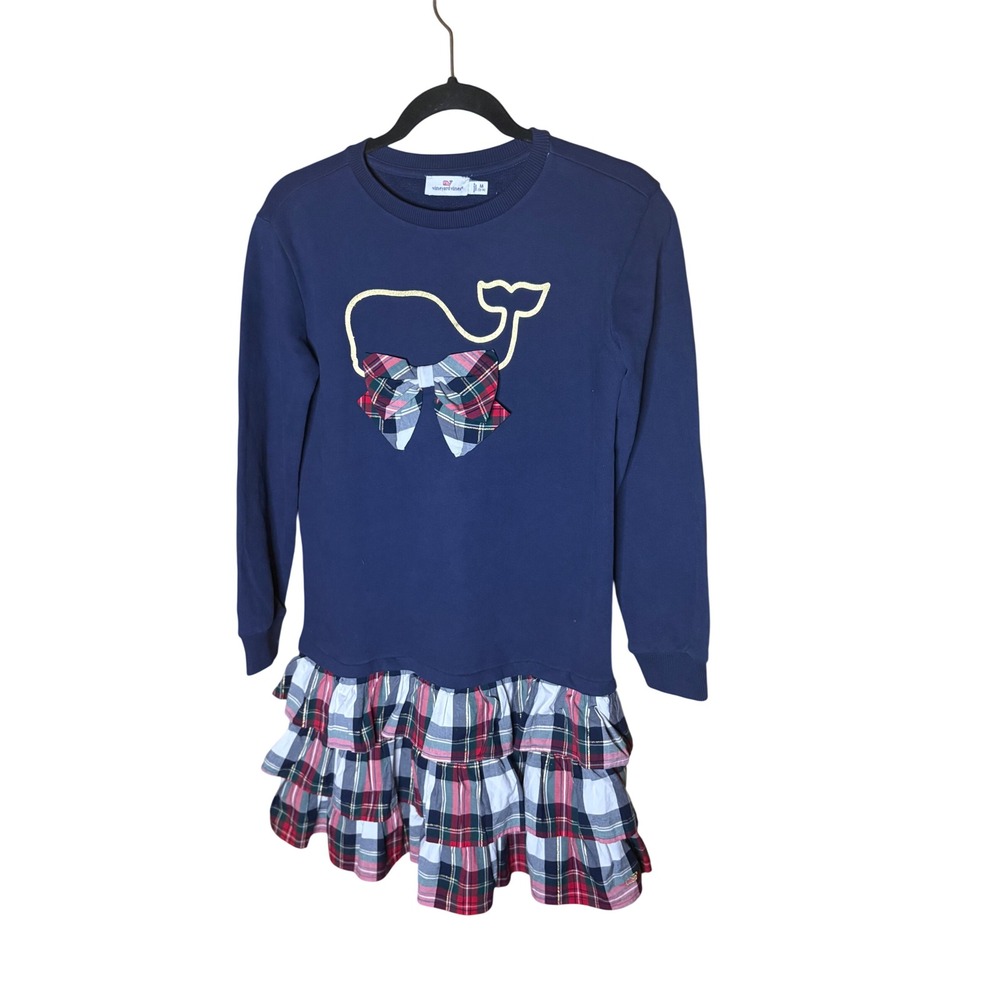Vineyard Vines Girls Navy Plaid Ruffle Whale Sweatshirt Dress Size M 12-14